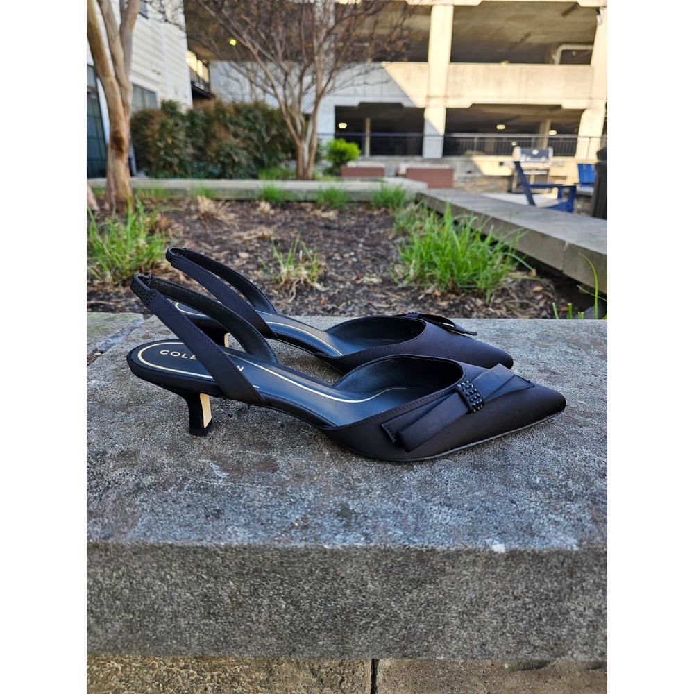 Cole Haan Noella Bow Sling Pump 9.5 Black Satin Kitten Heel Slingback NWB ~ - Picture 3 of 9